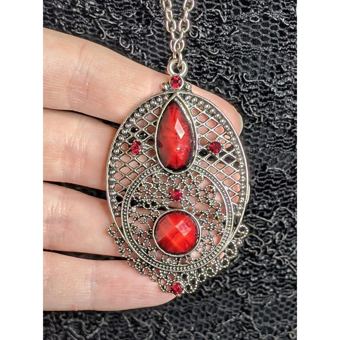 Gothic Oval Pendant Necklace With Red Faux Gemstones & Filigree Design