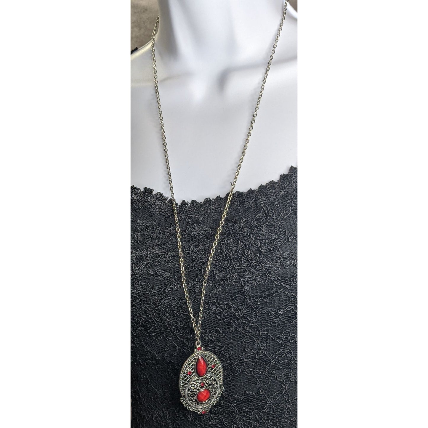 Gothic Oval Pendant Necklace With Red Faux Gemstones & Filigree Design