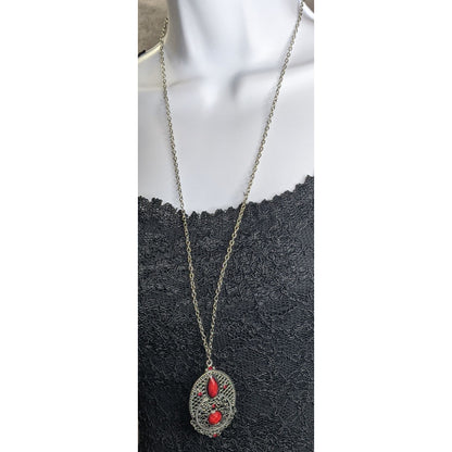 Gothic Oval Pendant Necklace With Red Faux Gemstones & Filigree Design