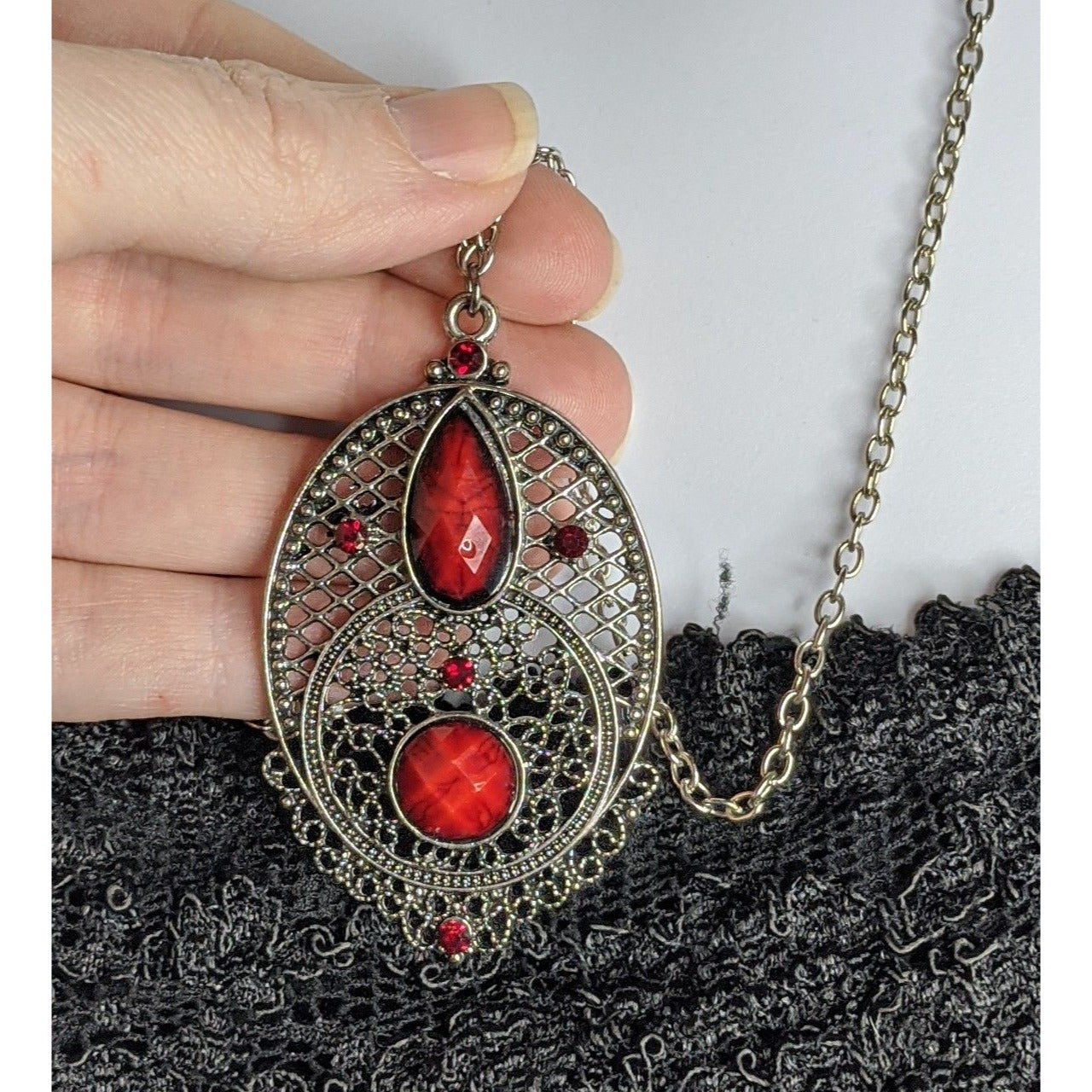 Gothic Oval Pendant Necklace With Red Faux Gemstones & Filigree Design