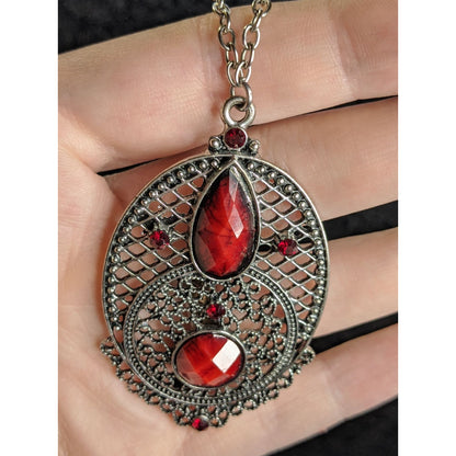 Gothic Oval Pendant Necklace With Red Faux Gemstones & Filigree Design