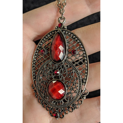 Gothic Oval Pendant Necklace With Red Faux Gemstones & Filigree Design