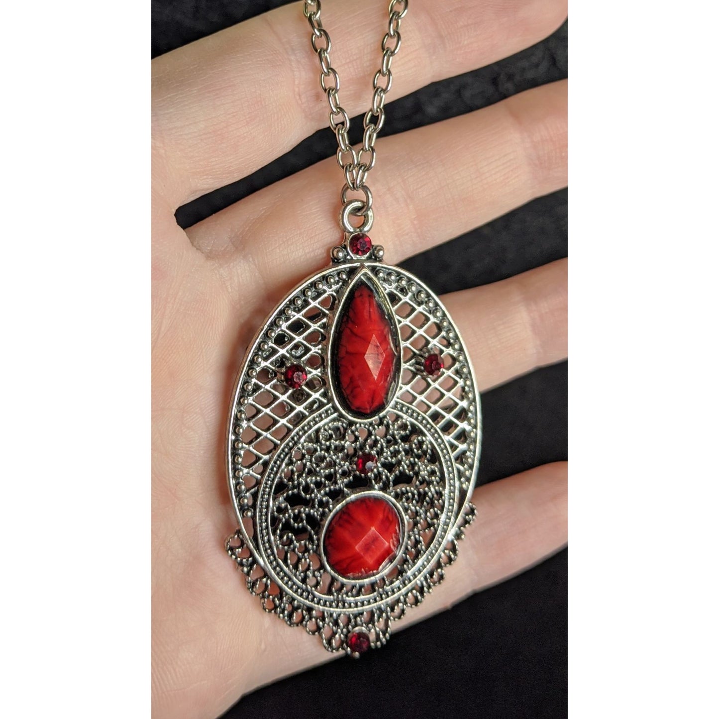 Gothic Oval Pendant Necklace With Red Faux Gemstones & Filigree Design
