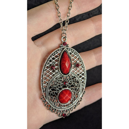 Gothic Oval Pendant Necklace With Red Faux Gemstones & Filigree Design