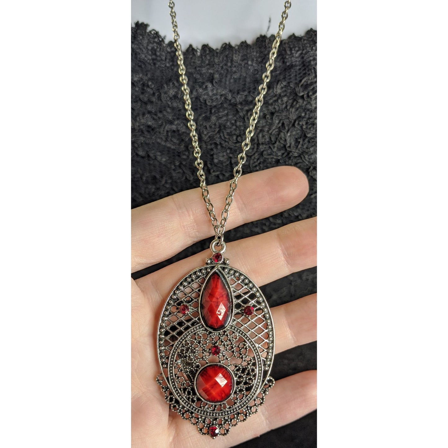 Gothic Oval Pendant Necklace With Red Faux Gemstones & Filigree Design