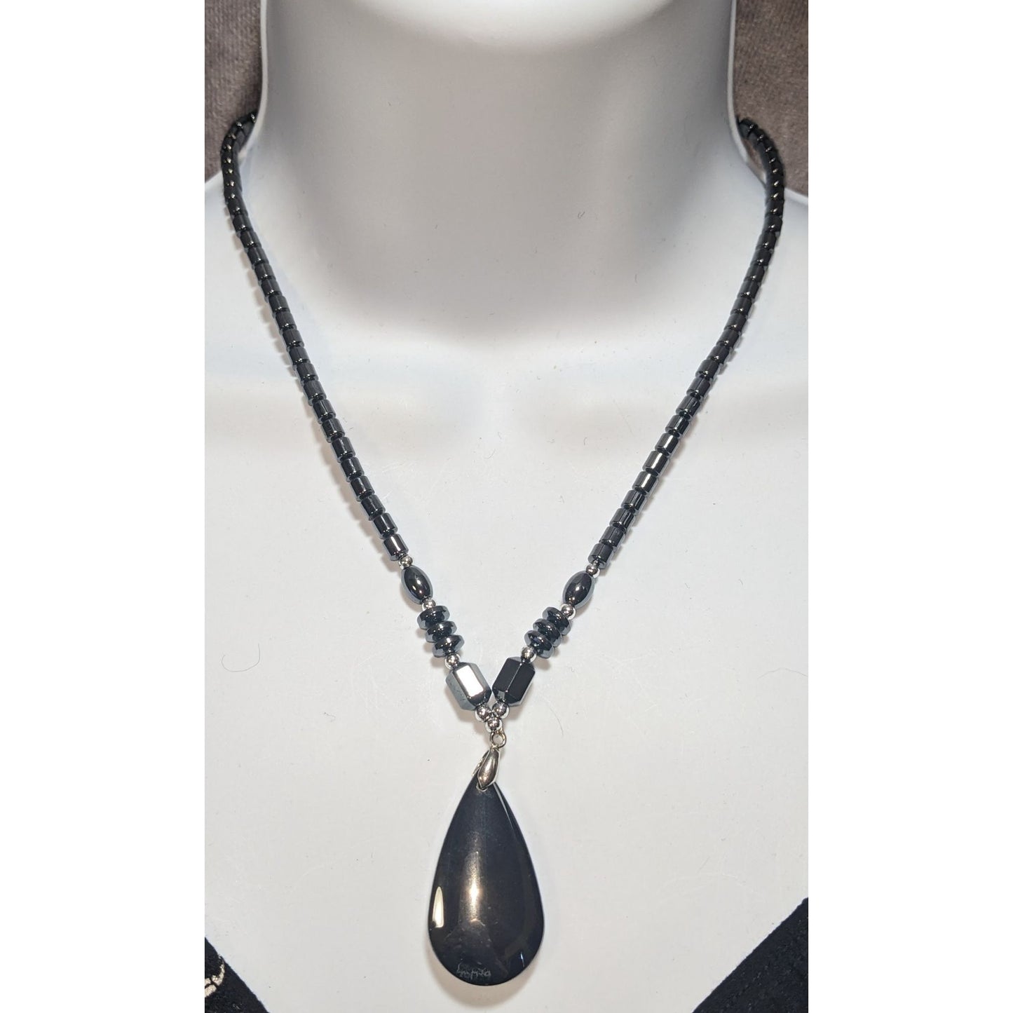 Hematite Beaded Teardrop Pendant Necklace