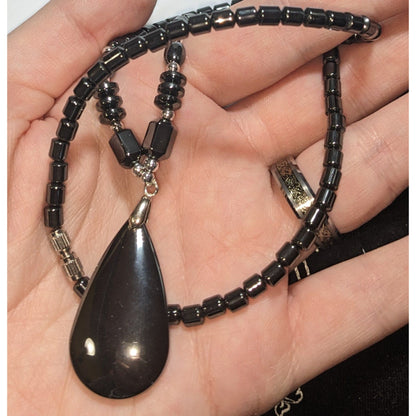 Hematite Beaded Teardrop Pendant Necklace