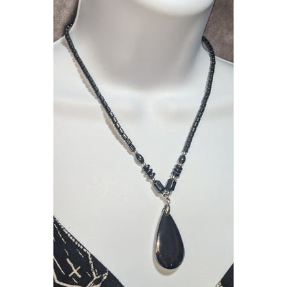 Hematite Beaded Teardrop Pendant Necklace