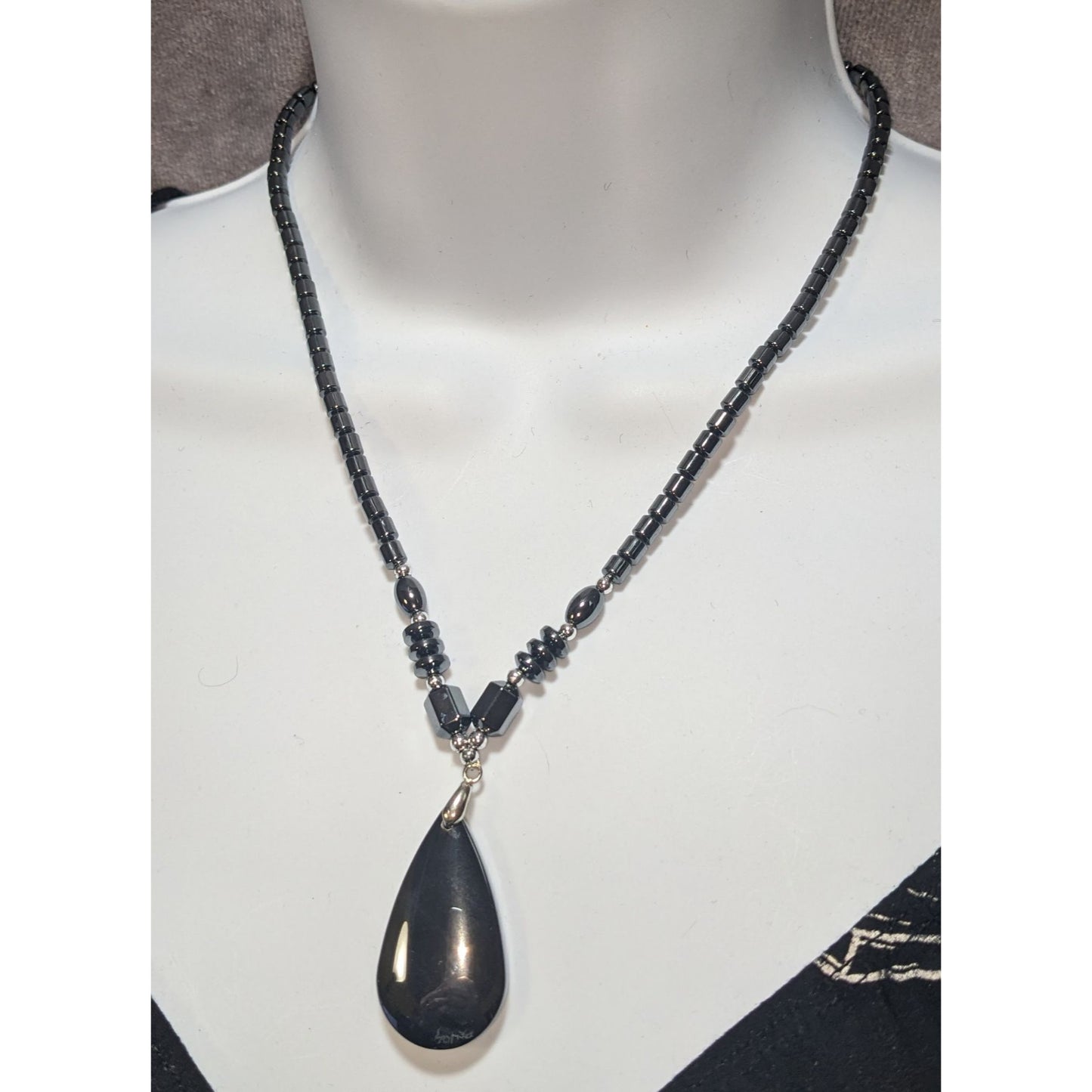 Hematite Beaded Teardrop Pendant Necklace