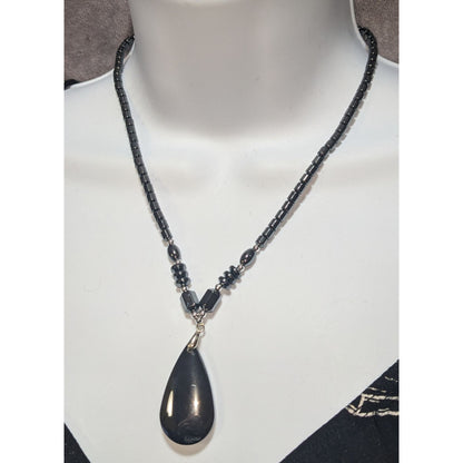 Hematite Beaded Teardrop Pendant Necklace