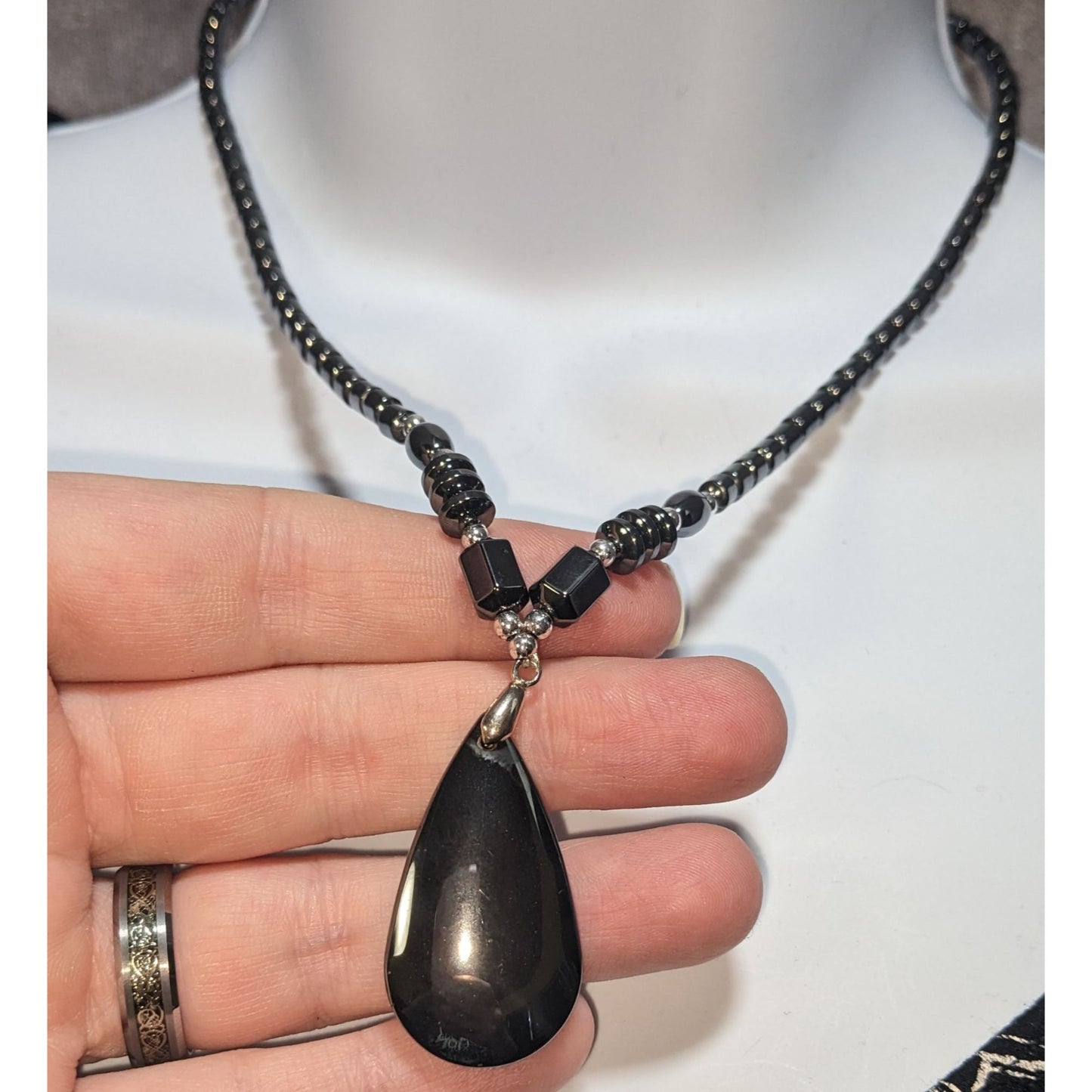 Hematite Beaded Teardrop Pendant Necklace