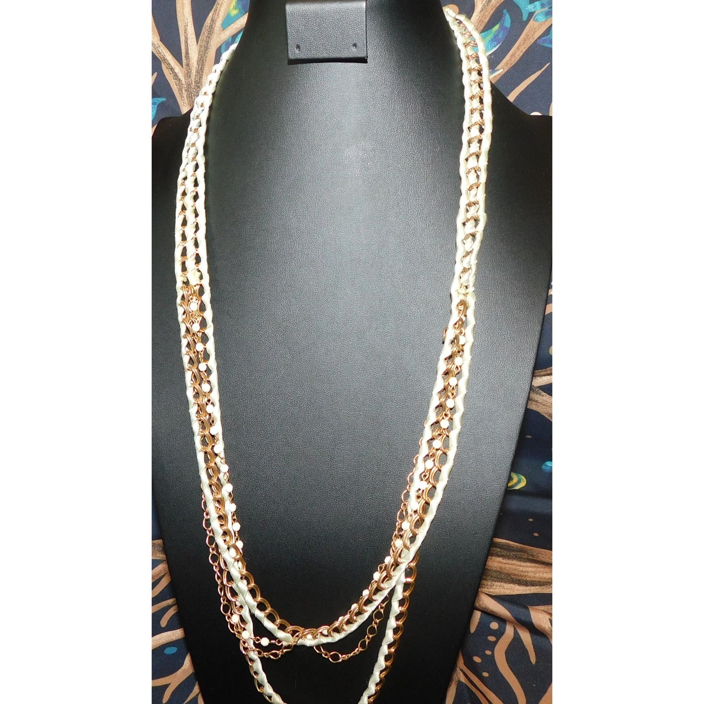 Layered Gold Tone Chain With Mint Ribbon Braiding Necklace