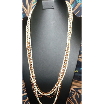 Layered Gold Tone Chain With Mint Ribbon Braiding Necklace