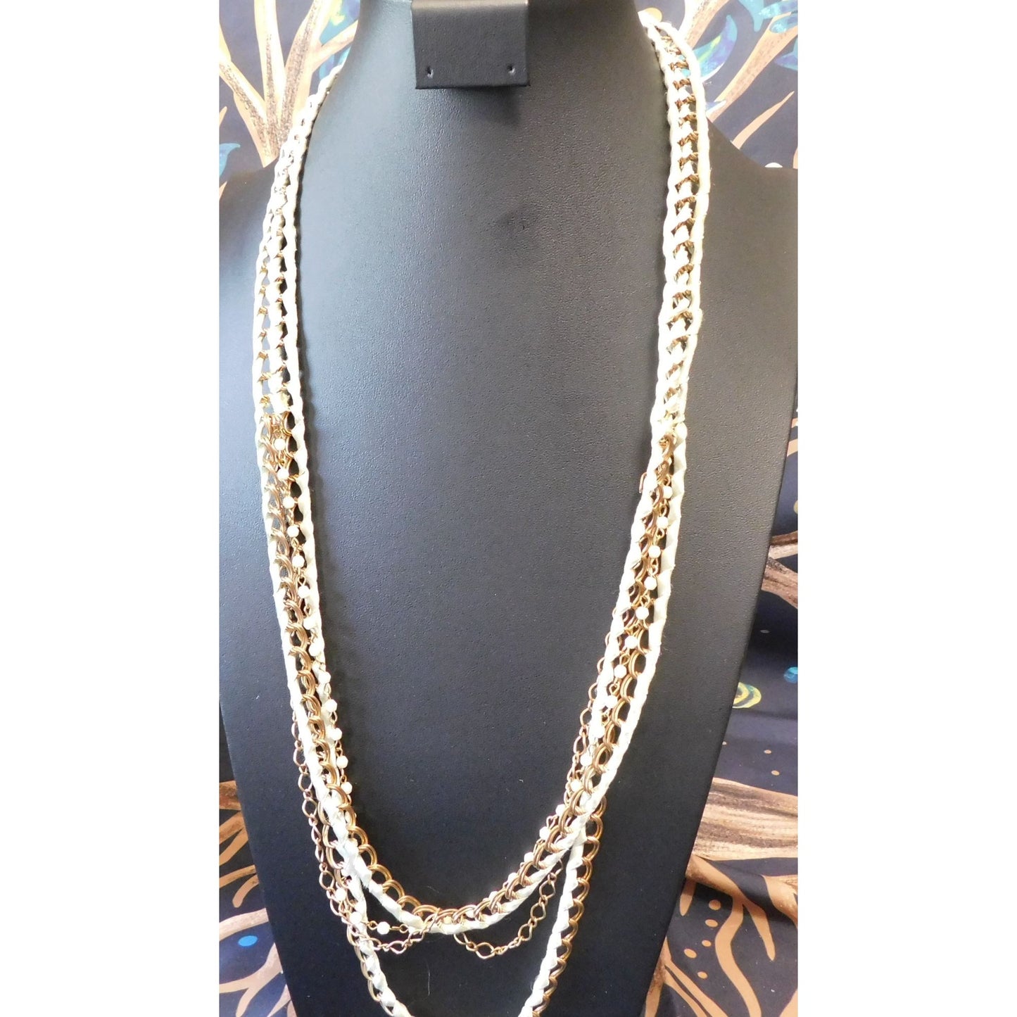 Layered Gold Tone Chain With Mint Ribbon Braiding Necklace