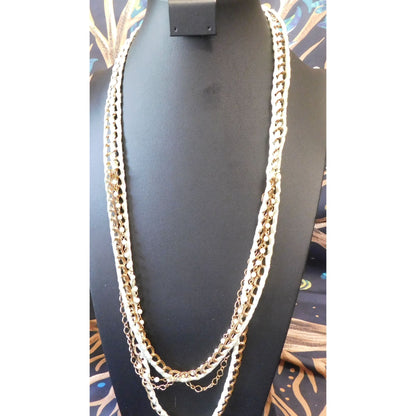Layered Gold Tone Chain With Mint Ribbon Braiding Necklace
