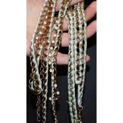 Layered Gold Tone Chain With Mint Ribbon Braiding Necklace