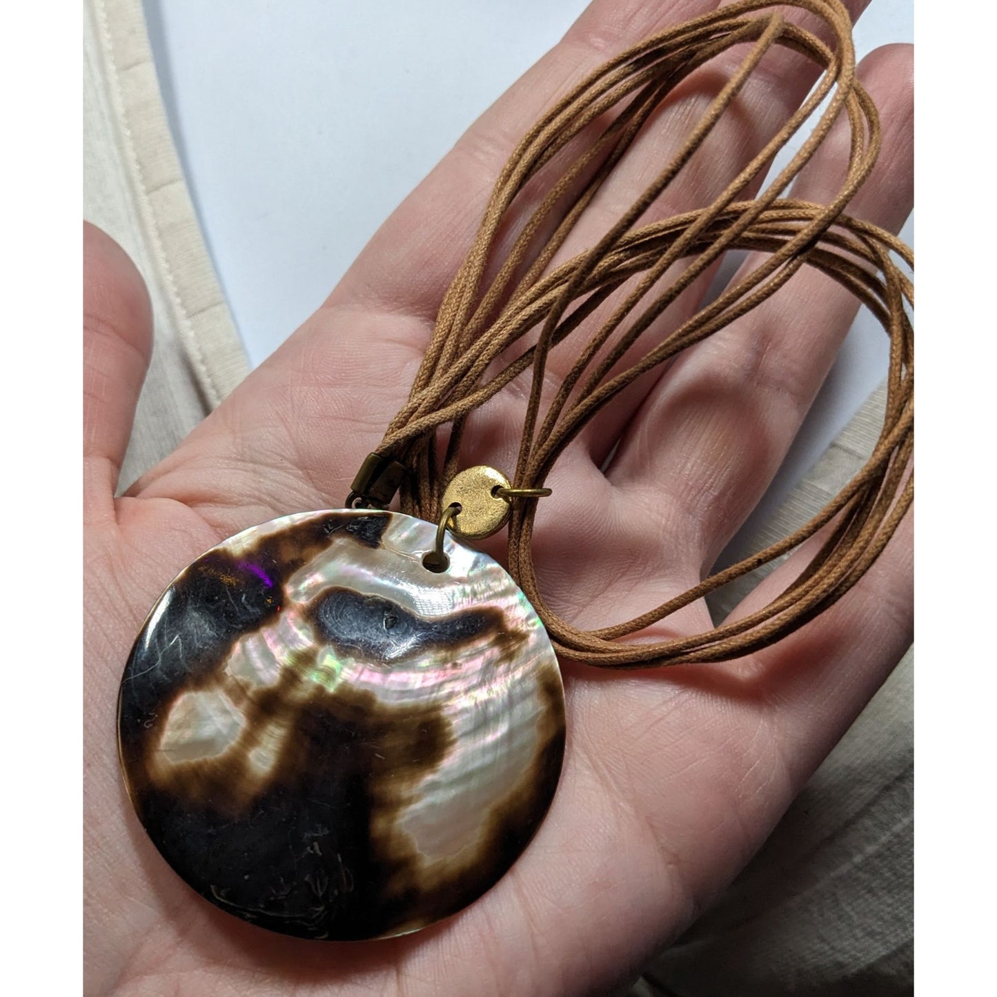 Bohemian Shell Pendant Necklace Brown And Cream On Tan Cord