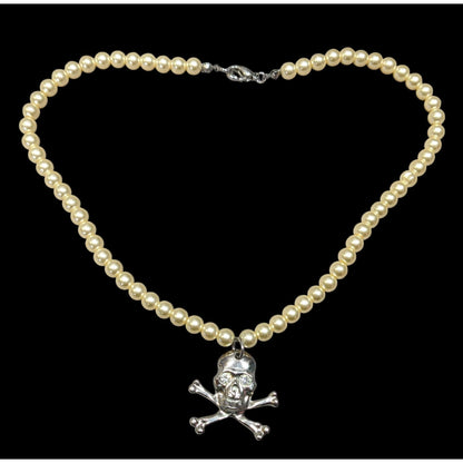 Gothic Pirate Faux Pearl Jolly Roger Necklace
