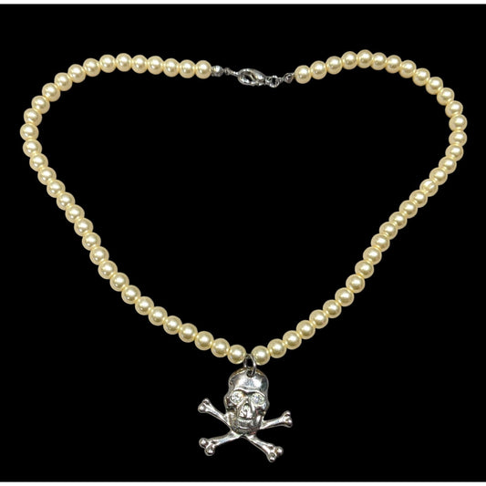 Gothic Pirate Faux Pearl Jolly Roger Necklace