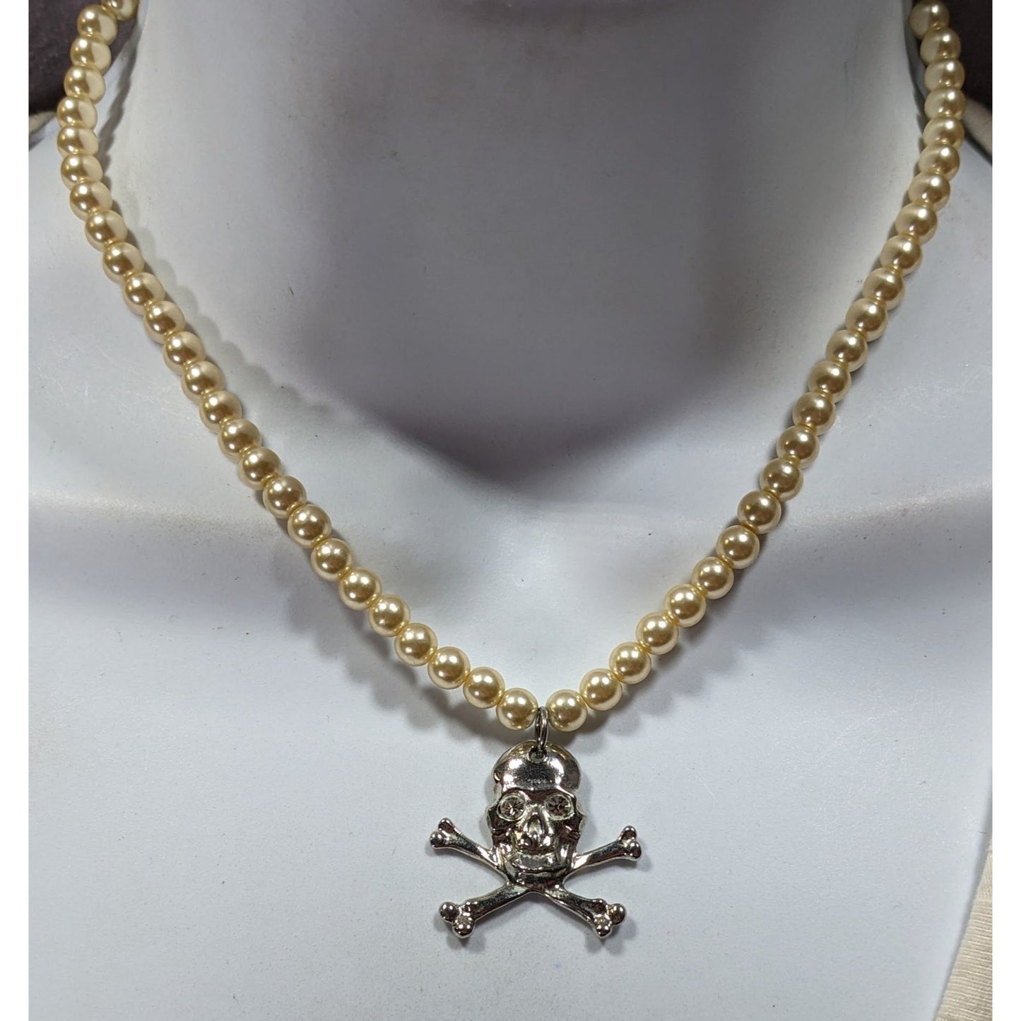 Gothic Pirate Faux Pearl Jolly Roger Necklace