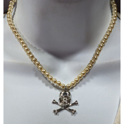 Gothic Pirate Faux Pearl Jolly Roger Necklace