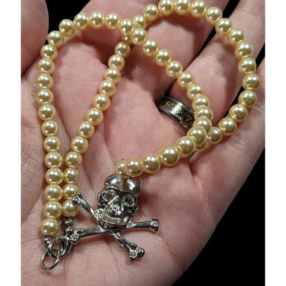 Gothic Pirate Faux Pearl Jolly Roger Necklace