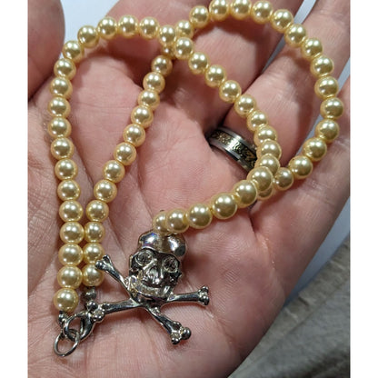 Gothic Pirate Faux Pearl Jolly Roger Necklace