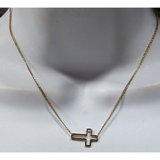 Religious Sideways Open Cross Pendant Gold Tone Necklace