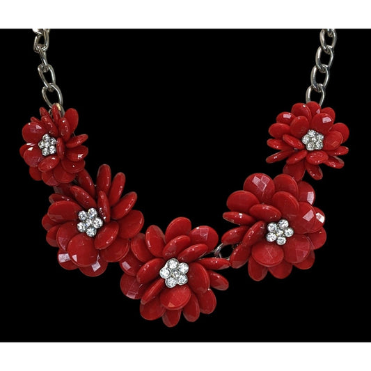 Vintage Cottagecore Red Flower Necklace Chunky Beaded | Rhinestone Accent Statement Jewelry