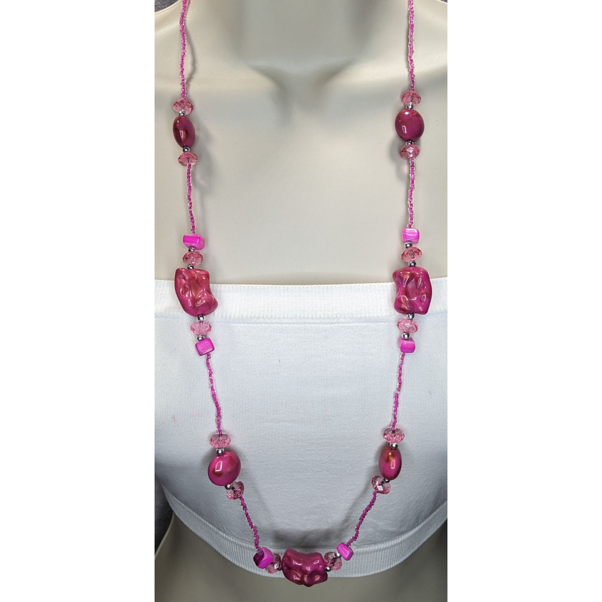 Y2K Barbiecore Shell Glass Pink Beaded Necklace 32 Inch