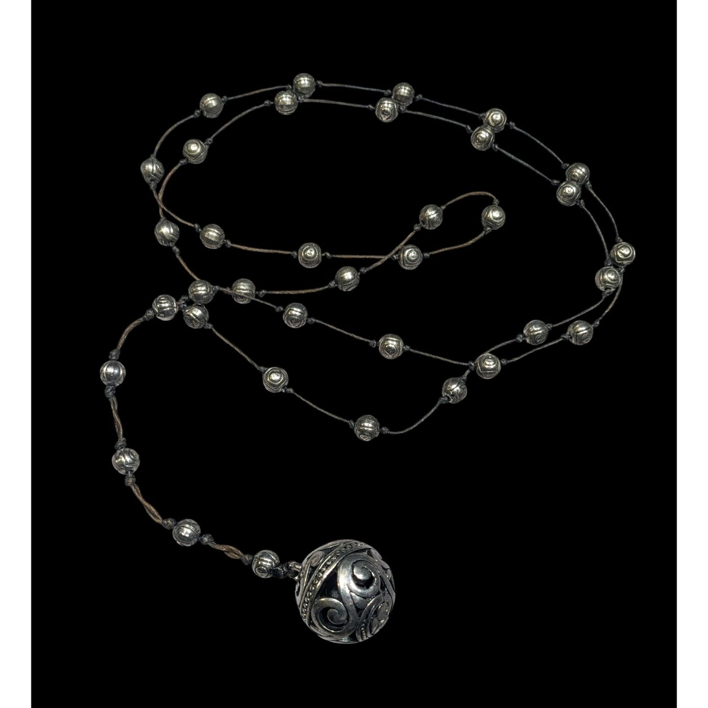 Vintage Silver Tone Beaded Station Necklace With Floral Engraved Ball Pendant