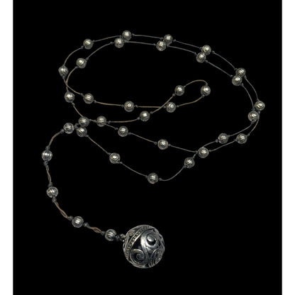 Vintage Silver Tone Beaded Station Necklace With Floral Engraved Ball Pendant