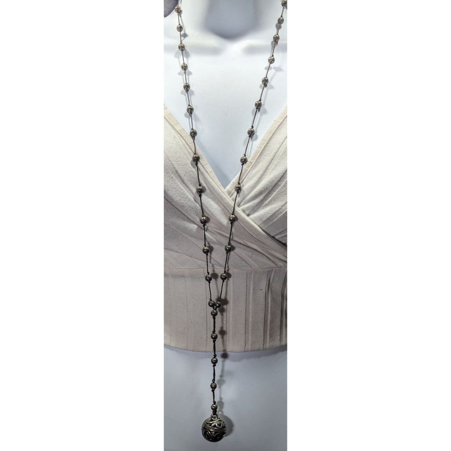 Vintage Silver Tone Beaded Station Necklace With Floral Engraved Ball Pendant