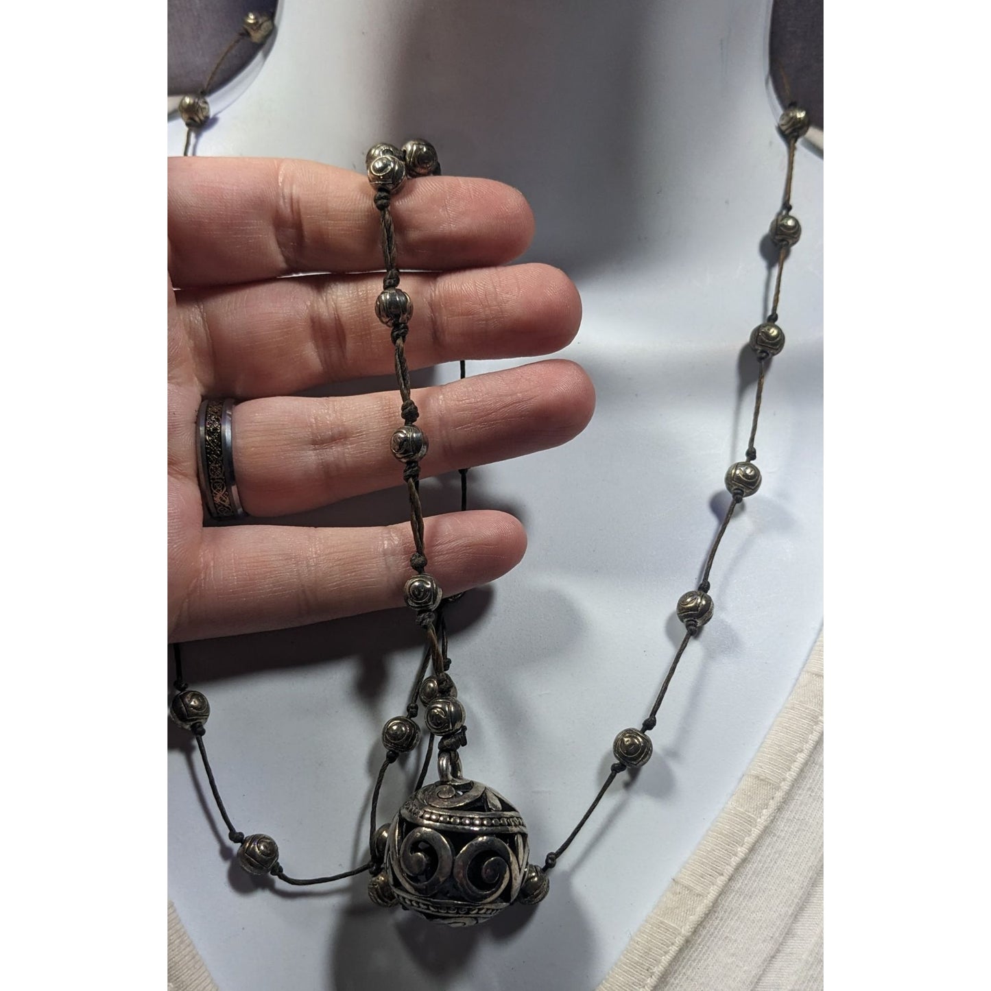 Vintage Silver Tone Beaded Station Necklace With Floral Engraved Ball Pendant