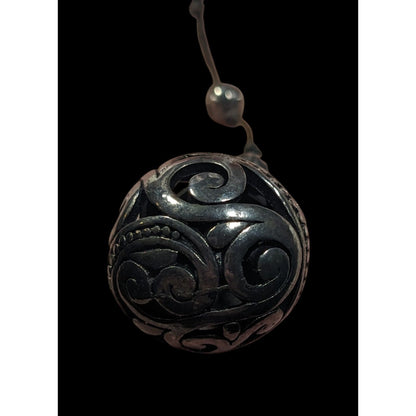 Vintage Silver Tone Beaded Station Necklace With Floral Engraved Ball Pendant