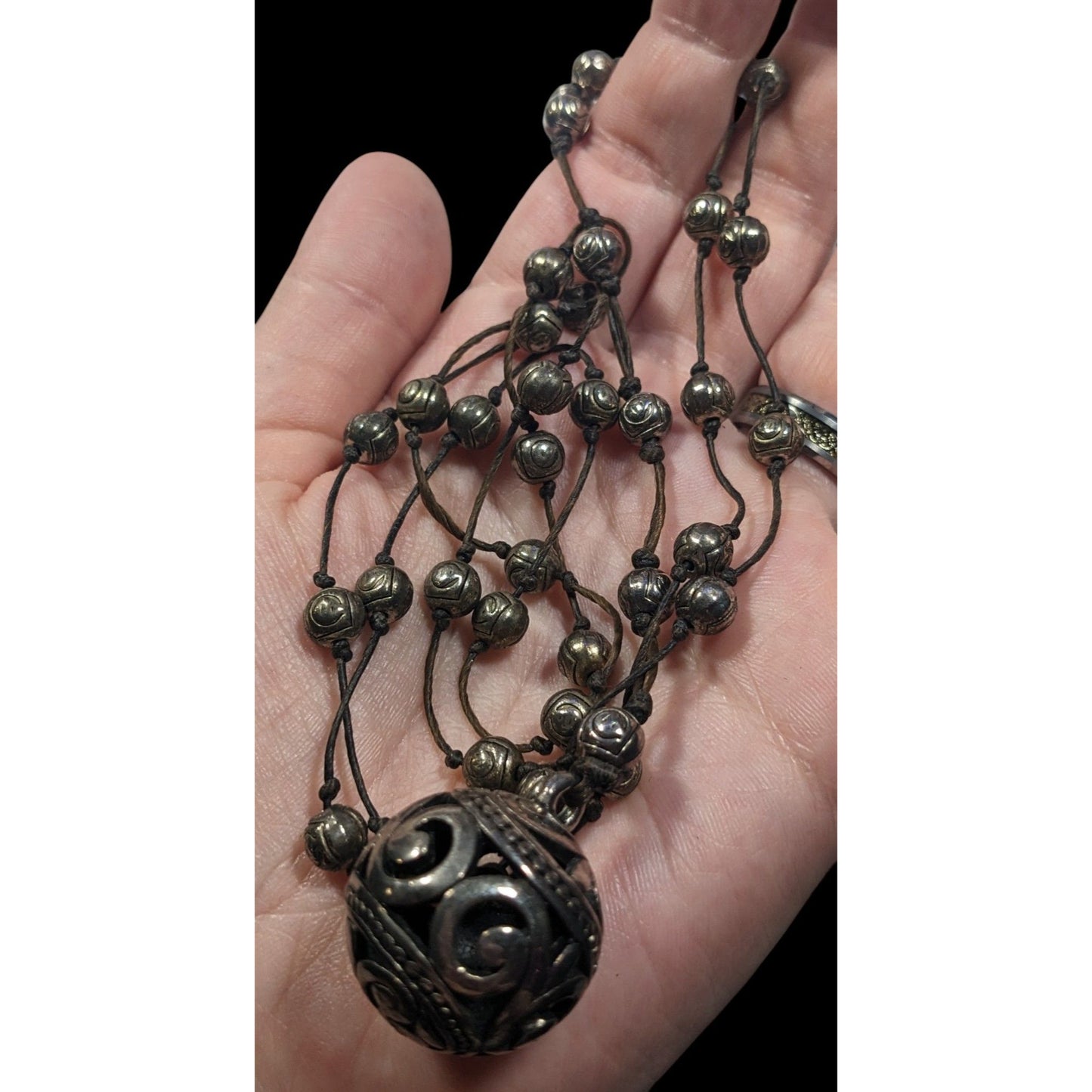 Vintage Silver Tone Beaded Station Necklace With Floral Engraved Ball Pendant