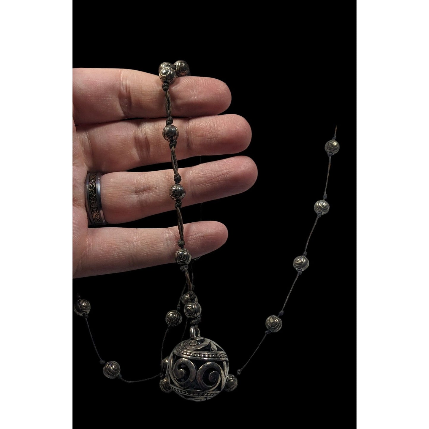 Vintage Silver Tone Beaded Station Necklace With Floral Engraved Ball Pendant