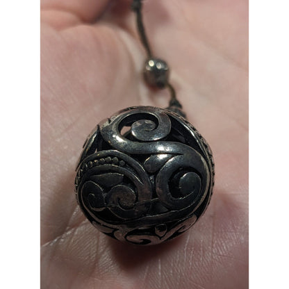 Vintage Silver Tone Beaded Station Necklace With Floral Engraved Ball Pendant