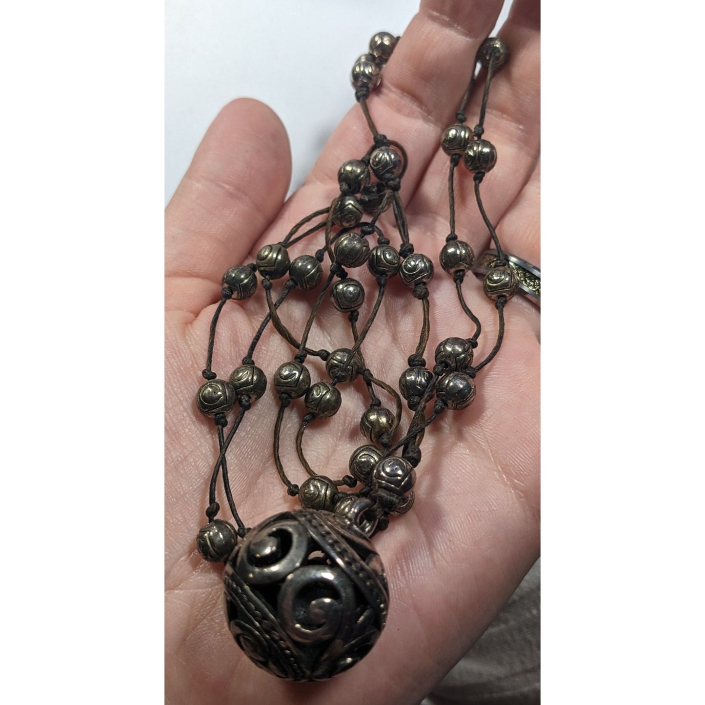 Vintage Silver Tone Beaded Station Necklace With Floral Engraved Ball Pendant