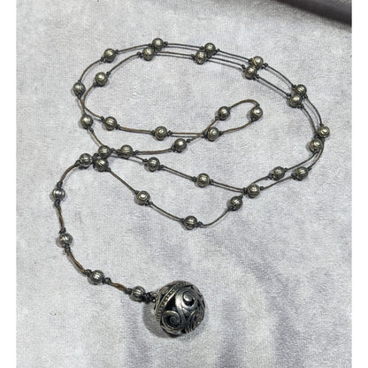 Vintage Silver Tone Beaded Station Necklace With Floral Engraved Ball Pendant