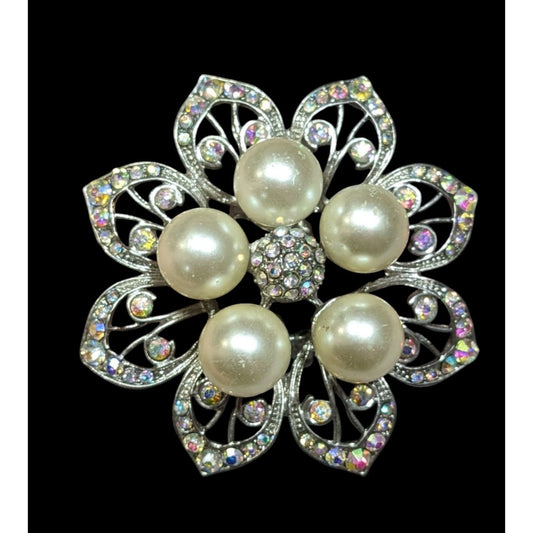 Whimsical Fairycore Floral AB Rhinestone Faux Pearl Stretch Ring SIze 9