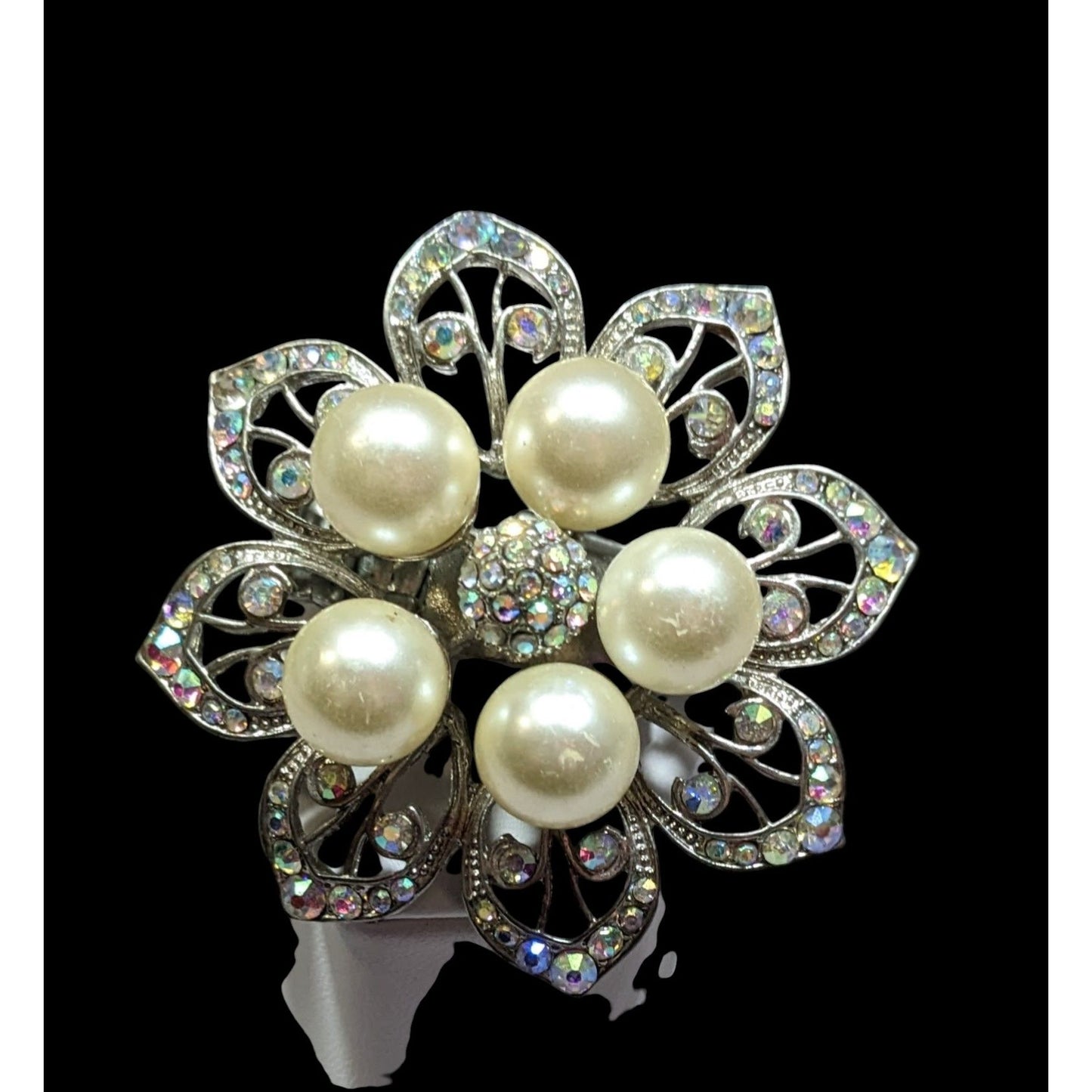 Whimsical Fairycore Floral AB Rhinestone Faux Pearl Stretch Ring SIze 9