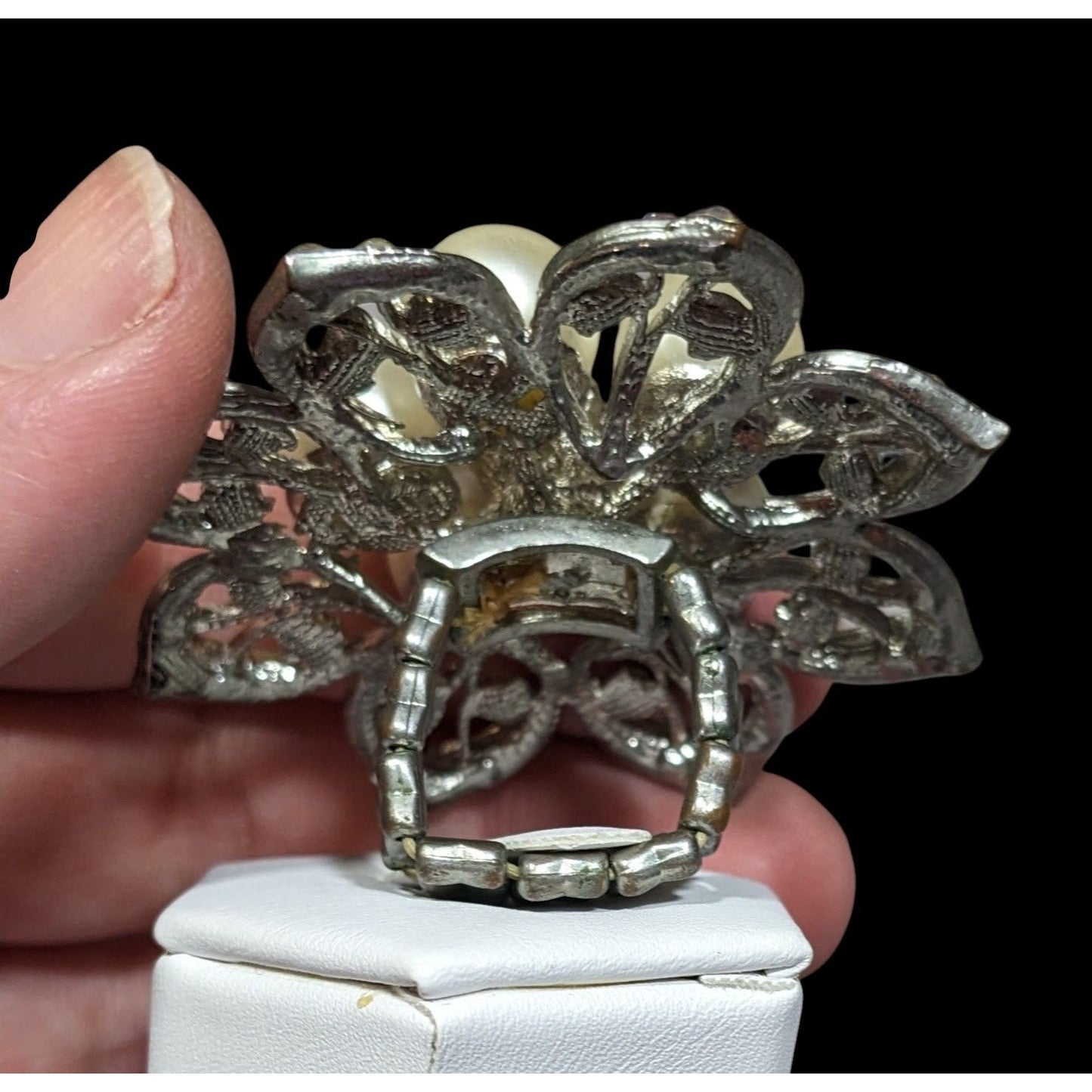 Whimsical Fairycore Floral AB Rhinestone Faux Pearl Stretch Ring SIze 9