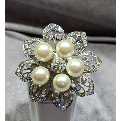 Whimsical Fairycore Floral AB Rhinestone Faux Pearl Stretch Ring SIze 9
