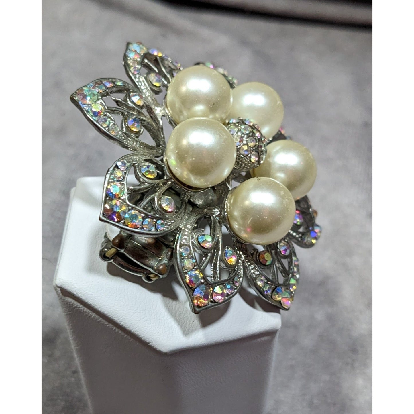 Whimsical Fairycore Floral AB Rhinestone Faux Pearl Stretch Ring SIze 9