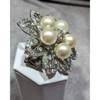 Whimsical Fairycore Floral AB Rhinestone Faux Pearl Stretch Ring SIze 9