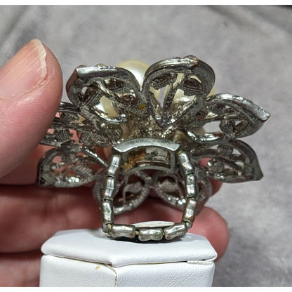 Whimsical Fairycore Floral AB Rhinestone Faux Pearl Stretch Ring SIze 9