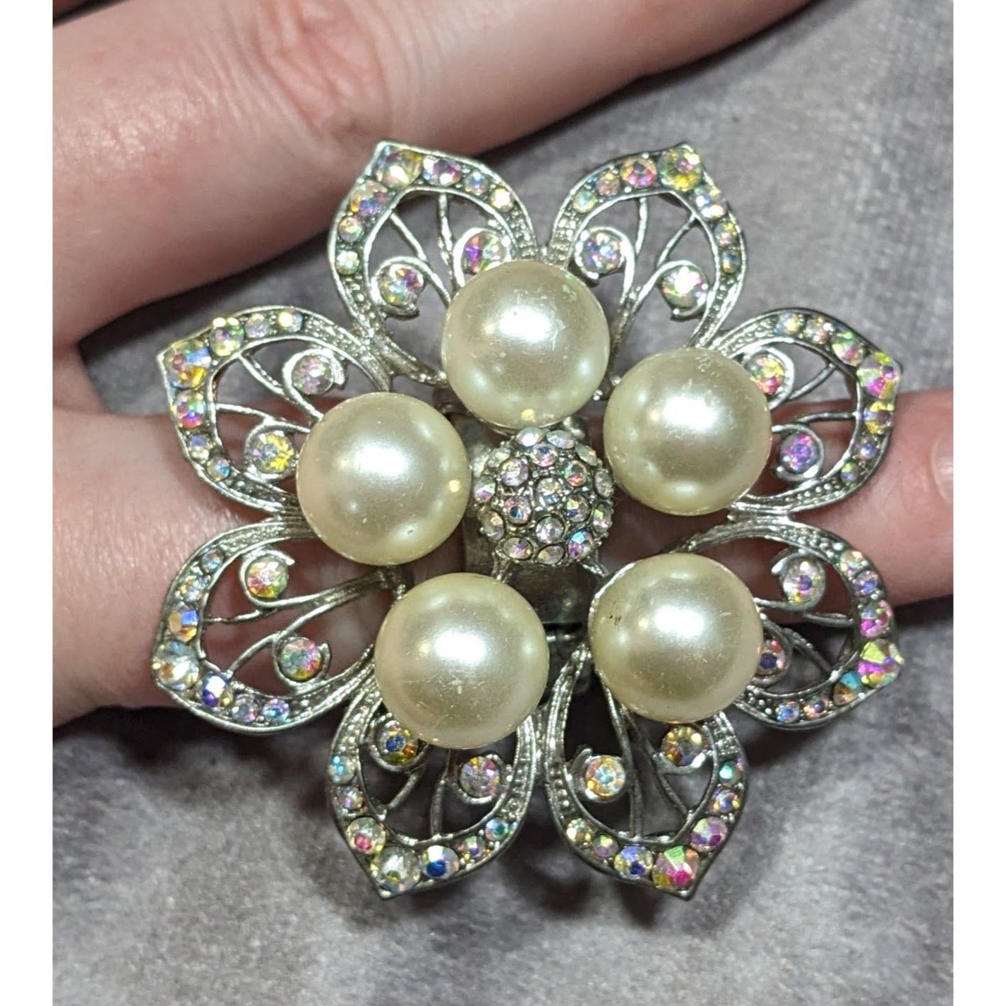 Whimsical Fairycore Floral AB Rhinestone Faux Pearl Stretch Ring SIze 9