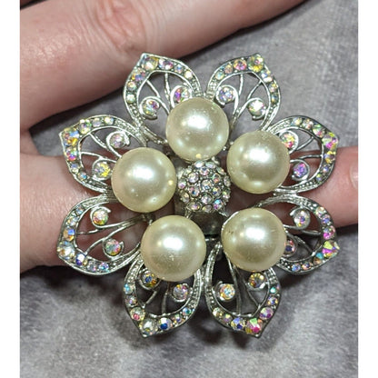 Whimsical Fairycore Floral AB Rhinestone Faux Pearl Stretch Ring SIze 9