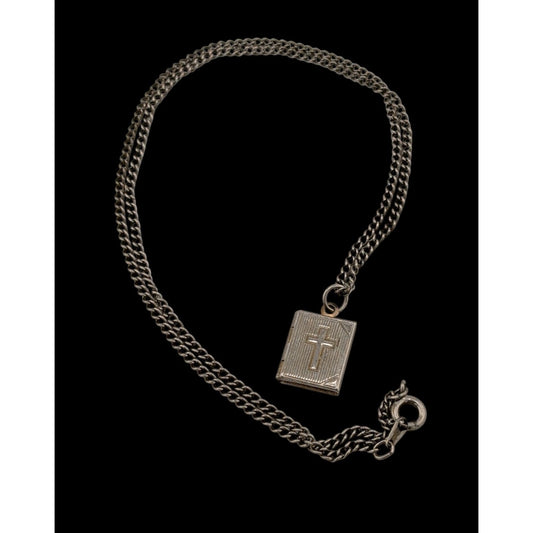 Vintage Religious Dainty Cross Engraved Book Locket Necklace